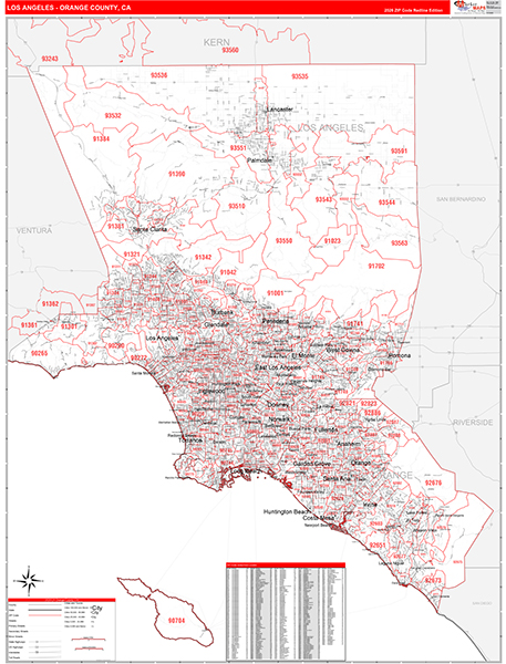 Los Angeles-Orange Counties, CA Zip Code Wall Map